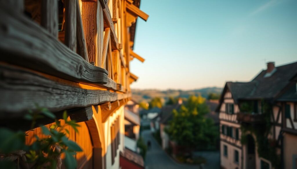 A close-up view of traditional Fachwerk architecture, showcasing its intricate wooden beams and delicate plaster work, emphasizing textures and details in the foreground. Set against a serene village backdrop, with soft green foliage and quaint cobblestone streets in the middle ground. The background features a classic German landscape with rolling hills and clear blue skies. Capture the scene during golden hour, with warm, natural lighting illuminating the wooden details and casting gentle shadows. Use a shallow depth of field to create a softly blurred background, enhancing focus on the Fachwerk structure. The mood is peaceful and nostalgic, celebrating the traditional craftsmanship and care required for Fachwerk maintenance. Shot on a Sony A7R IV at 70mm, clearly focused and sharply defined, using a polarized filter to enhance colors and contrast.