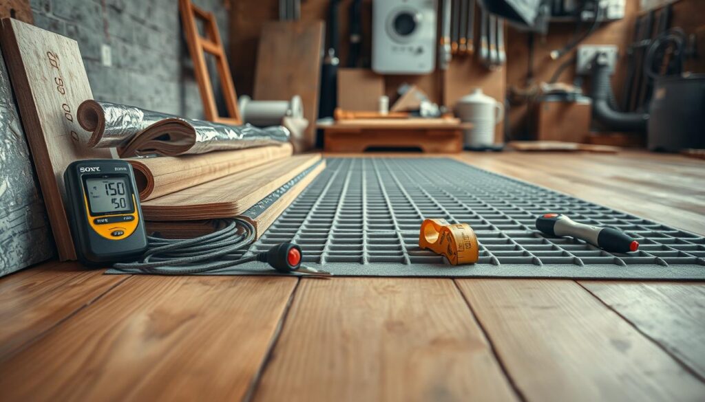 A close-up view of various materials required for underfloor heating installation, meticulously arranged on a wooden floor. In the foreground, display insulation boards, heating cables, and a digital thermometer next to a roll of aluminum foil, emphasizing their textures and surfaces. The middle ground features a partially installed heating mat on the floor, with tools like a tape measure and utility knife artistically placed nearby. The background includes a softly lit workshop environment, showing regrouped materials, pipes, and a modern heating control system on the wall. Capture the image with a Sony A7R IV at 70mm, using a polarized filter to enhance clarity and detail, creating a professional, informative atmosphere that reflects precision and expertise.