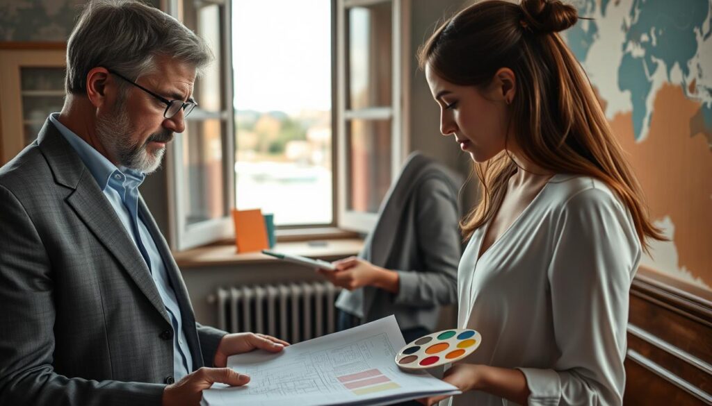 A collaborative scene showcasing an architect and a painter in a beautifully restored historical building along the Weser River. In the foreground, the architect, a middle-aged man in a sharp, professional outfit, examines architectural plans with a thoughtful expression. Beside him, a young woman in smart casual attire is mixing paint colors on a palette, her focused gaze on the architect. In the middle ground, an open window reveals an artistic color scheme being applied to the wall, with soft daylight illuminating the warm tones. The background features picturesque views of the Weser River, adding to the ambiance of collaboration and creativity. The image is shot with a Sony A7R IV at 70mm, with crisp details and a polarized filter enhancing the vibrant colors, creating a serene yet inspiring atmosphere.