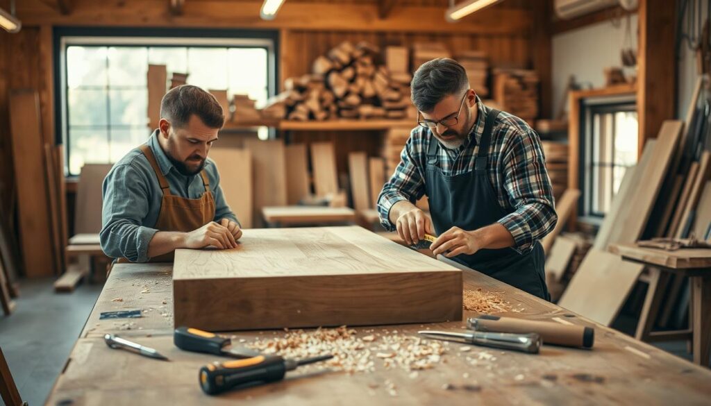 A collaborative scene showcasing two skilled carpenters working together at a wooden workshop table, meticulously crafting custom furniture. In the foreground, one carpenter inspects a piece of polished wood, while the other measures dimensions with a tape measure, both dressed in professional attire, focused on their task. The middle ground features woodworking tools like chisels, saws, and wood shavings scattered around, enhancing the workspace atmosphere. In the background, warm light filters through a large window, illuminating the space with a soft, inviting glow, and revealing shelves filled with various wood types. Shot on a Sony A7R IV at 70mm, ensuring sharp details and clear focus, conveying a sense of teamwork and dedication in the art of woodworking.