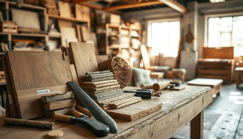 A collection of sustainable materials for custom-made furniture displayed on a wooden workbench. In the foreground, showcase various textures of reclaimed wood, bamboo, and eco-friendly fabrics, each labeled with their names. The middle layer features tools like chisels and saws, arranged neatly beside the materials, reflecting craftsmanship. In the background, softly blurred shelves filled with more materials and crafted furniture pieces, creating a workshop ambiance. The scene is illuminated by natural sunlight filtering through large windows, casting gentle shadows. Captured with a Sony A7R IV at 70mm, ensure the image is sharply defined and vibrant, evoking a warm, inviting atmosphere of creativity and sustainability.