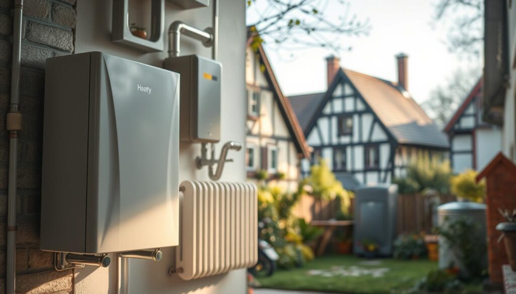 A comparative illustration featuring a modern heat pump installation juxtaposed with traditional heating systems, such as a classic radiator and a boiler. In the foreground, highlight the sleek design of the heat pump with clear details showing its energy efficiency features. The middle ground should display the traditional systems, emphasizing their age and functionality, set within a cozy half-timbered house environment representative of Hameln’s architectural style. The background includes a serene neighborhood scene under soft, natural daylight, captured with a Sony A7R IV at 70mm, clearly focused and sharply defined. The atmosphere should be informative and professional, suitable for an article, free from any text or logos.