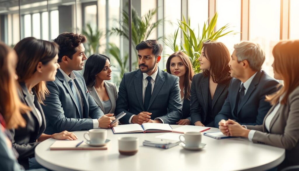 A composition illustrating the concept of "active listening" in a professional setting. In the foreground, a diverse group of business professionals, dressed in formal business attire, are engaged in a conversation. Their expressions are attentive and focused, with one person leaning slightly forward, showcasing keen interest. In the middle ground, a round conference table holds notebooks and coffee cups, creating a collaborative atmosphere. The background features a modern office environment with glass walls and plants, hinting at innovation and openness. The lighting is bright and natural, filtered by large windows, adding warmth to the scene. The image, captured with a Sony A7R IV 70mm lens, emphasizes clarity and detail, evoking a mood of engagement and professionalism, inviting viewers to appreciate the importance of listening.