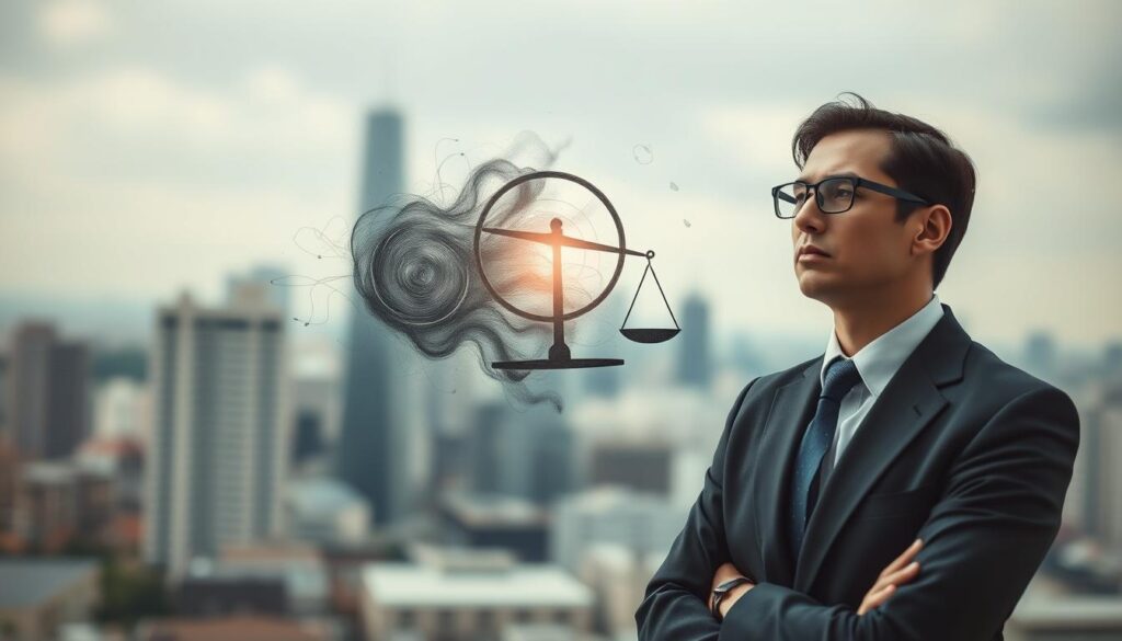 A conceptual illustration of "Ego-Depletion and Resource Control," showcasing a split scene. In the foreground, a business professional in smart attire is depicted struggling to balance various tasks, with visual metaphors like a nearly empty battery and a tipping scale indicating limited willpower. The middle ground features an abstract representation of swirling energy, symbolizing mental resources in various states of depletion and renewal. In the background, a blurred cityscape represents external distractions and demands on one's willpower. The overall atmosphere is thoughtful and introspective, with soft, diffused lighting that highlights the professional's focused expression. Shot on a Sony A7R IV with a 70mm lens, ensuring clear focus and sharp definition, enhanced by a polarized filter to create depth and contrast.