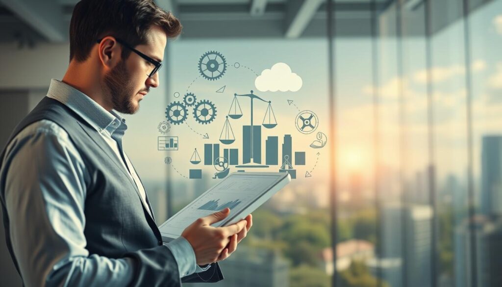 A conceptual visualization of psychological mechanisms dealing with uncertainty, depicted in a modern office setting. In the foreground, a thoughtful professional dressed in business attire is analyzing complex diagrams and flowcharts on a digital tablet, embodying critical thinking and strategy. In the middle, various symbolic elements such as balancing scales, gears, and a cloudy thought bubble emerge, representing the intricacies of human psychology and decision-making processes. The background features an abstract cityscape blending into a serene nature scene, symbolizing the juxtaposition of structured thought and emotional intuition. Soft, diffused lighting enhances the mood of contemplation, while maintaining sharp focus throughout, captured with a Sony A7R IV at 70mm, utilizing a polarized filter for clarity and vividness.