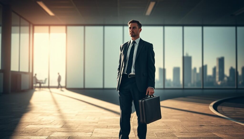 A concerned professional standing at a crossroads, highlighting the phrase "Risiken eines offenen Jobwechsels." In the foreground, depict the person in formal business attire, looking pensive while holding a briefcase. The middle layer features a split path, one side leading to a bright, vibrant office environment symbolizing new opportunities, while the other is a shadowy, ambiguous area representing uncertainty and risks. In the background, include subtle silhouettes of skyscrapers to suggest a cityscape, adding depth. Use natural lighting with soft, diffused sunlight streaming in, creating a contrast between clarity and ambiguity. The photograph should feel reflective and introspective, shot on a Sony A7R IV with a 70mm lens, ensuring a sharp focus and a professional composition.