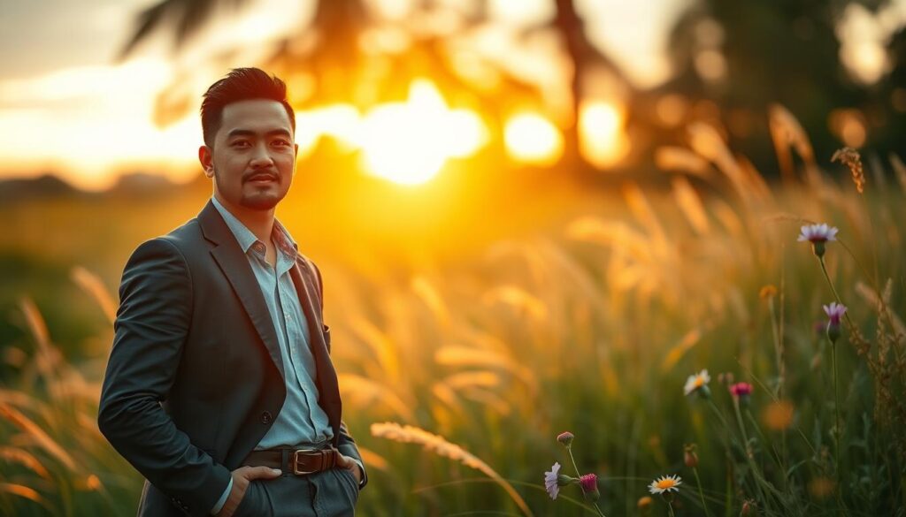 A confident individual standing tall in a serene outdoor setting, embodying self-assurance and inner strength. The foreground features a professional figure dressed in smart casual attire, with a calm expression that conveys tranquility and determination. In the middle ground, soft, flowing grass and vibrant wildflowers symbolize resilience and growth. The background showcases a gentle sunrise, illuminating the scene with warm, golden light, creating a hopeful and empowering atmosphere. Use a shallow depth of field to keep the subject sharply in focus while the background slightly blurs, emphasizing the central figure's strength. Shot on Sony A7R IV at 70mm with a polarized filter for clarity and detail, capturing a moment that inspires confidence and resilience.