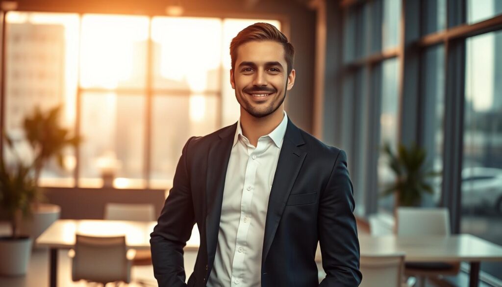 A confident, professional job candidate standing in a modern office environment. The foreground features a well-dressed individual wearing a tailored navy suit and a crisp white shirt, exuding professionalism and readiness. The background showcases a sleek workspace with a large window allowing natural light to stream in, highlighting the cityscape outside. The mood is uplifting and aspirational, with soft, warm lighting enhancing the inviting atmosphere. The shot is taken with a Sony A7R IV camera at 70mm, ensuring a clearly focused and sharply defined subject. A polarized filter adds depth to the colors, emphasizing the candidate’s strong posture and approachable demeanor, embodying the qualities of the perfect job candidate.