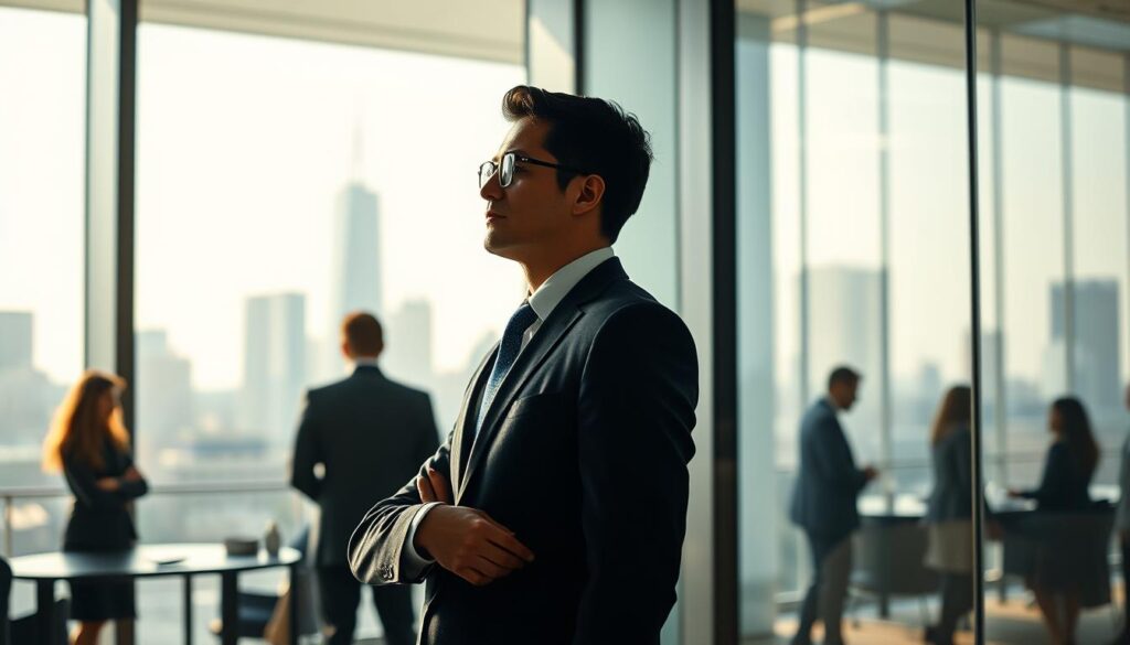 A confident professional standing at the forefront of a bustling office environment, symbolizing motivation and success in their career. The individual, dressed in sharp business attire, gazes thoughtfully out of a large window, with a city skyline in the background representing ambition. In the middle ground, diverse employees are engaged in collaborative discussions, showcasing teamwork and drive. The atmospheric lighting is bright and uplifting, filtering through the glass, creating reflections that enhance the feeling of hope and possibility. Capture this scene with a Sony A7R IV at 70mm, ensuring a clear focus on the main subject while softly blurring the background to emphasize depth. The overall mood is inspiring and motivational, reflecting the strong connection between personal ambition and professional success.