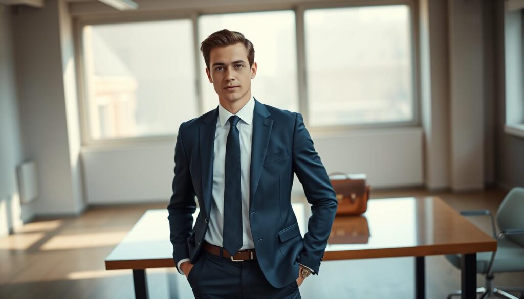 A confident young professional stands in a well-lit office environment, dressed in a tailored navy blue suit with a crisp white shirt and a sleek tie. The foreground captures the subject in a three-quarter pose, showcasing the meticulous details of their outfit. In the middle ground, a stylish leather briefcase is placed on a polished desk beside them, enhancing the professional atmosphere. The background features large windows with natural light streaming in, casting soft, flattering shadows. The scene is shot with a Sony A7R IV at 70mm, ensuring sharp focus and vivid colors, highlighting the professionalism of the outfit. The mood conveys determination and readiness, perfect for a job interview setting.