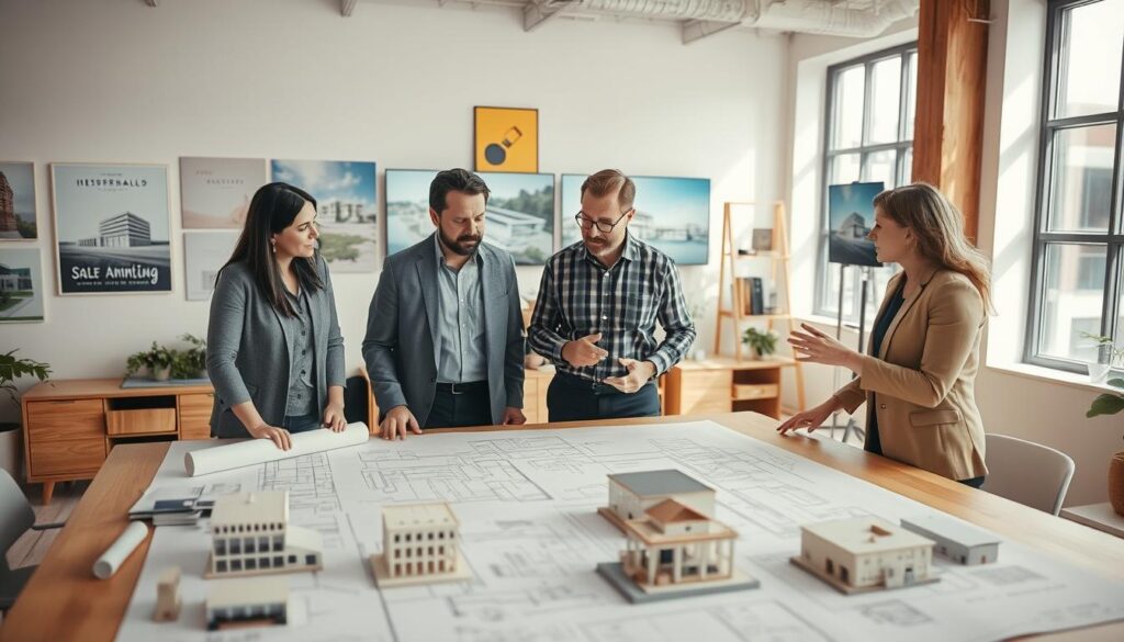 A construction planning scene set in a bright, well-organized office space. In the foreground, a team of four professional architects and builders are gathered around a large table covered with blueprints and architectural models. They are dressed in smart casual attire, deeply engaged in discussion with hands gesturing towards the plans. In the middle ground, walls adorned with inspirational posters and digital screens displaying 3D simulations of building projects create a creative atmosphere. The background features large windows allowing for natural light to flood in, enhancing the collaborative vibe. The image should be captured from a slightly elevated angle to provide a clear view of the team's interaction and the plans, with a warm color palette and soft shadows for a welcoming feel. Shot on a Sony A7R IV at 70mm, clearly focused with a polarized filter for vibrant clarity.