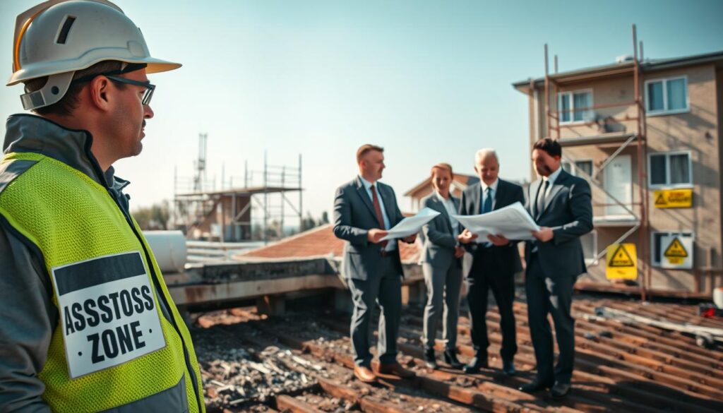 A construction scene depicting safe asbestos removal practices during a roof renovation. In the foreground, a safety-conscious worker wearing a protective helmet and suit is examining a section of the roof, clearly labeled as "Asbestos Zone." In the middle ground, a well-organized team of professionals in business attire discusses safety measures while holding blueprints and equipment. The background features a residential building with scaffolding and warning signs about asbestos. The atmosphere is serious yet focused, highlighting diligence and safety in construction. The lighting is bright, evoking a clear, sunny day, captured in vivid detail with a Sony A7R IV camera at 70mm for sharp definition and a polarized filter for enhanced color contrast.