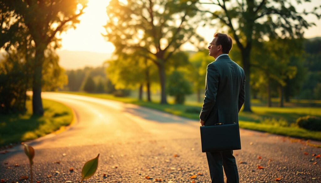A contemplative business person stands at a crossroads in a serene outdoor environment, representing personal change. The subject, dressed in professional attire, gazes thoughtfully towards two divergent paths illuminated by soft, warm sunlight filtering through green trees. In the foreground, subtle details like fallen leaves and a briefcase add depth to the scene, while the middle ground focuses on the person lost in thought. The background showcases a beautiful landscape, symbolizing new horizons. The overall mood is reflective and hopeful, conveying the impact of personal transformations on one’s career. Shot on a Sony A7R IV with a 70mm lens, using a polarized filter for crisp clarity, the composition emphasizes the subject sharply defined against a softly blurred backdrop.