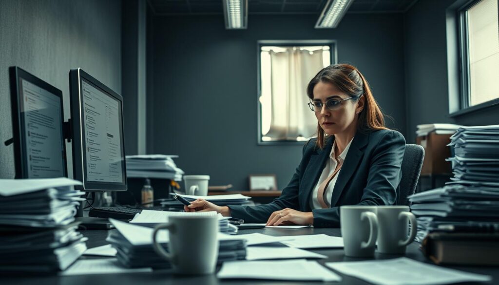 A contemplative office scene illustrating signs of demotivation. In the foreground, a professional woman in business attire sits at a cluttered desk, her expression weary and distracted as she stares blankly at a computer screen filled with unread notifications. In the middle ground, stacks of paperwork and empty coffee cups symbolize overwhelm and fatigue. The background features a dimly lit office space, with dull gray walls and flickering fluorescent lights that create a somber atmosphere. Soft natural light filters through a window, casting shadows that enhance the mood of stagnation and decline. Shot on a Sony A7R IV at 70mm with a polarized filter, the image is sharply defined and clearly focused.