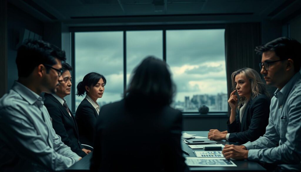 A contemplative scene illustrating the effects of uncertainty on humans. In the foreground, a diverse group of professionals in business attire, their faces displaying concern and contemplation, engage in discussion around a conference table strewn with papers and charts. The middle ground features a dimly lit room with soft shadows that evoke a somber mood. In the background, a large window shows an overcast sky, symbolizing the feeling of uncertainty. The composition captures a sense of tension and introspection, with dim lighting highlighting the figures' expressions. The image is shot on a Sony A7R IV at 70mm, using a polarized filter for clarity, ensuring sharply defined details that draw the viewer into the atmosphere of unease and reflection.
