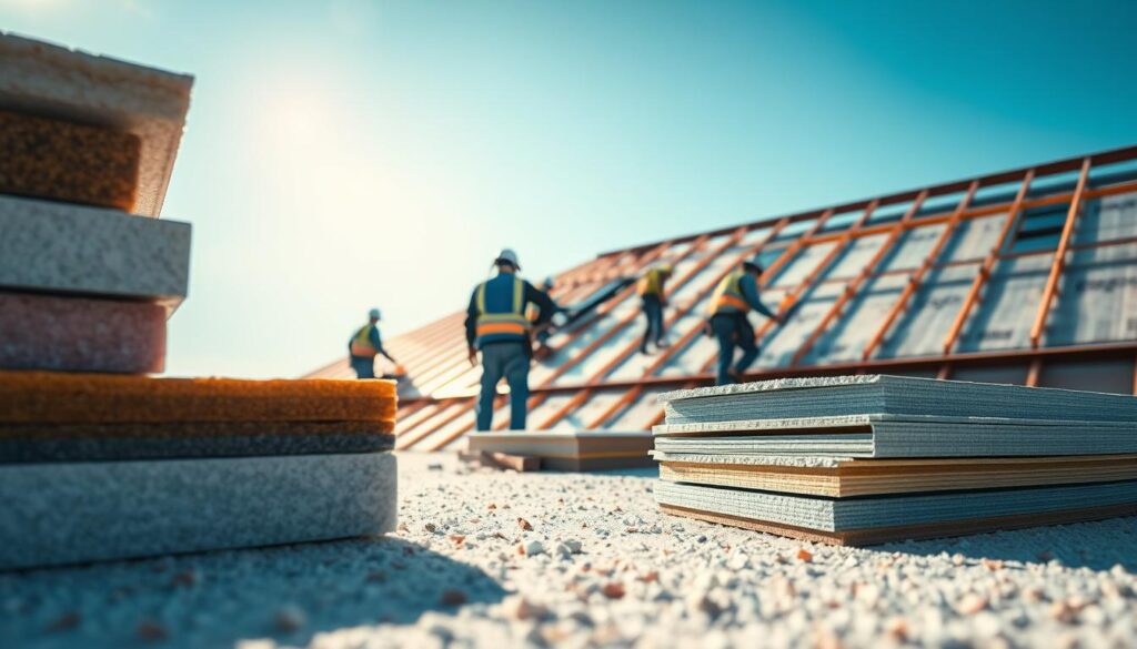 A contemporary construction site showcasing innovative insulation materials and techniques for roofing in a bright, professional setting. In the foreground, various types of modern insulation panels, like rigid foam and spray foam, are clearly displayed, highlighting their textures and colors. The middle ground features skilled roofers in professional work attire, installing the materials with precision, emphasizing teamwork and expertise. In the background, a partially finished roof with a clear blue sky illuminating the scene, giving a sense of optimism and forward-thinking. The image is captured with a Sony A7R IV at 70mm, ensuring sharply defined details and rich colors, with a polarized filter enhancing the depth and contrast to create a vibrant, engaging atmosphere.