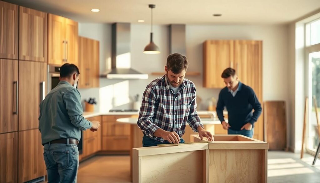 A contemporary kitchen renovation scene featuring skilled craftsmen at work. In the foreground, two professionals in smart-casual attire carefully measure and assemble custom cabinetry. The middle ground showcases a beautiful, modern kitchen design with sleek, wooden cabinets and high-end appliances, bathed in warm ambient lighting. In the background, a bright, spacious area with natural sunlight streaming in through large windows enhances the inviting atmosphere. The scene captures a sense of collaboration and expertise in kitchen remodeling, emphasizing attention to detail and innovative solutions. Shot with a Sony A7R IV at 70mm, with a polarized filter for clear focus and vibrancy, creating a professional and inviting ambiance.