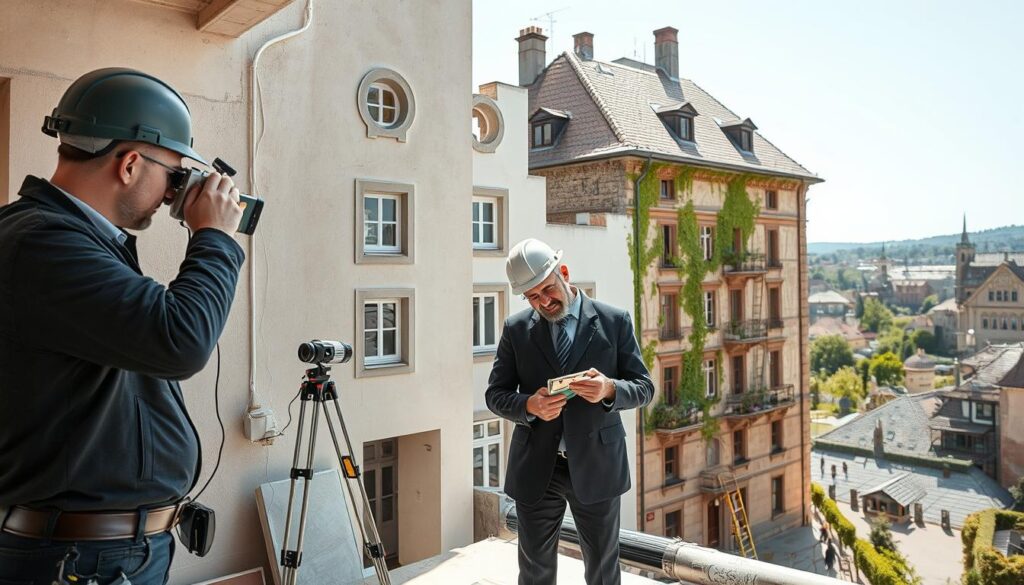 A contemporary renovation scene set in Bad Pyrmont, showcasing modern techniques and technological trends in building repair. In the foreground, skilled craftsmen in professional business attire are using advanced tools and equipment like laser measuring devices, thermal cameras, and eco-friendly materials. The middle ground features a partially renovated historic building, highlighting a blend of traditional architecture with modern energy-efficient upgrades. In the background, a picturesque view of the Kur- und Bäderstadt with lush greenery and traditional spa architecture. The lighting is bright and natural, capturing the essence of a sunny day, with a slightly warm color tone emphasizing the inviting atmosphere. The image is shot on a Sony A7R IV at 70mm, ensuring clarity and sharp definition, complemented by a polarized filter for enhanced contrast.