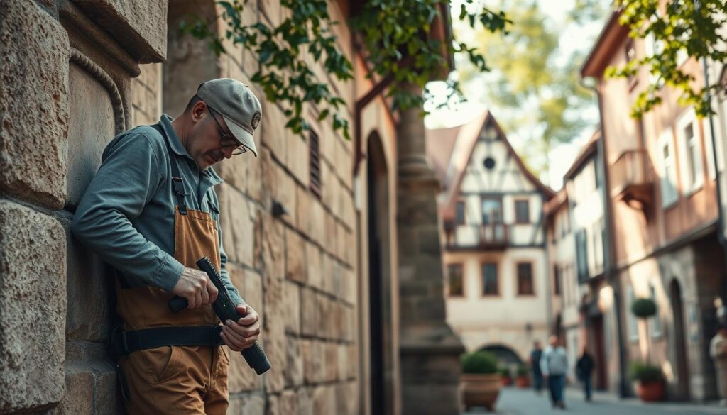 A contemporary stone restoration scene showcasing trends in stone masonry. Foreground: a skilled artisan dressed in modest work attire carefully examines and repairs a sandstone facade with advanced restoration tools. Middle ground: a partially restored historic building, displaying original stone intricate details alongside newly treated surfaces, emphasizing the contrast between old and new techniques. Background: a charming street in Bad Pyrmont, featuring traditional architecture. Soft, natural sunlight filters through trees, creating a warm atmosphere. Capture the image with a Sony A7R IV at 70mm, using a polarized filter for vibrant colors and sharp focus. The mood reflects a blend of tradition and innovation in stone restoration.