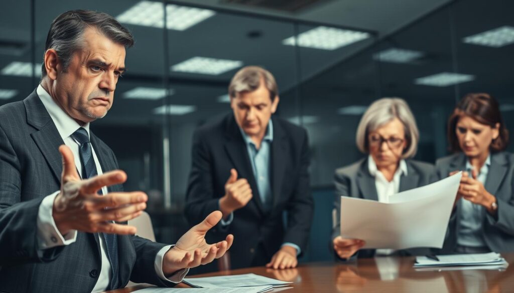 A corporate office environment featuring several 'difficult bosses' in a dynamic meeting. In the foreground, a stern-looking middle-aged man in a tailored suit gestures dramatically, exuding authority and stress. Beside him, a young woman in smart business attire rolls her eyes, showing frustration. In the middle ground, another boss, an older woman with a focused expression, reviews documents with intensity. The background displays a sleek modern office with glass walls and dimmed overhead lighting, creating a tense atmosphere. The image is shot on a Sony A7R IV at 70mm, clearly focused and sharply defined, utilizing a polarized filter to enhance clarity and contrast, embodying the stress of dealing with challenging leadership.