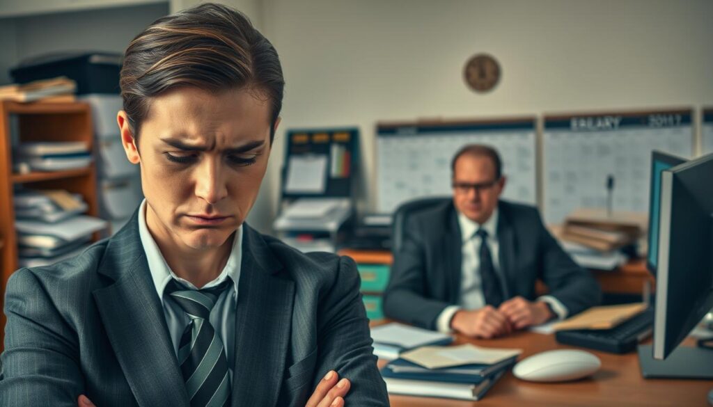 A corporate office environment illustrating the causes of stress at work. In the foreground, a stressed employee in professional business attire, with a furrowed brow, looking at a clock anxiously. In the middle ground, a boss with a stern expression, seated at a desk piled with work, symbolizing high expectations. The background features a cluttered office space with paperwork, a calendar filled with deadlines, and a glowing computer screen, conveying a sense of urgency. The lighting is soft yet bright, mimicking natural daylight, enhancing the emotional weight of the scene. Shot with a Sony A7R IV at 70mm, the image is sharply defined and brings focus to the expressions of stress and tension. The overall mood is tense and serious, inviting viewers to reflect on workplace stress factors.