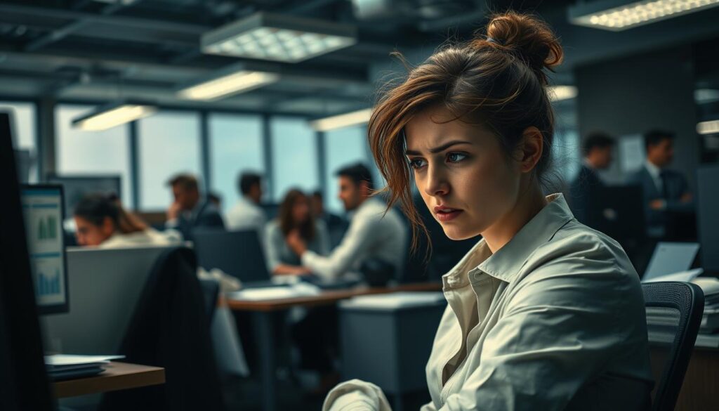 A corporate office scene depicting stress and dissatisfaction in the workplace. In the foreground, a young professional woman with disheveled hair is sitting at her cluttered desk, her face expressing frustration while she stares at a computer screen filled with charts and emails. The middle layer shows colleagues in the background, some engaged in hushed conversations, others looking overwhelmed, all dressed in professional attire. The lighting is dim, with harsh overhead lights casting unflattering shadows, enhancing a tense atmosphere. The camera angle is slightly angled upwards, emphasizing the chaotic environment. Shot on a Sony A7R IV at 70mm, focused and sharply defined with a polarized filter to capture the uneasy mood and intricate details of the office setting.