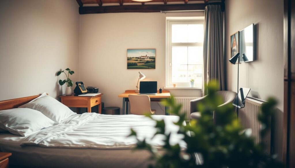A cozy and functional Monteurzimmer for craftsmen in Porta Westfalica, featuring a neatly made single bed with clean white linens, a small wooden desk with tools and a laptop, and a comfortable chair. In the foreground, a decorative plant adds a touch of warmth. The middle shows a window with natural light streaming in, illuminating the space filled with practical furnishings and a tasteful wall decoration depicting a local landscape. The background highlights a subtle glimpse of the countryside outside, enhancing the room's inviting atmosphere. The image should be shot with a Sony A7R IV at 70mm, ensuring sharp focus and detail, complemented by a polarized filter to create a bright yet warm ambiance. The setting emphasizes professionalism and comfort, ideal for craftsmen on their work travels.