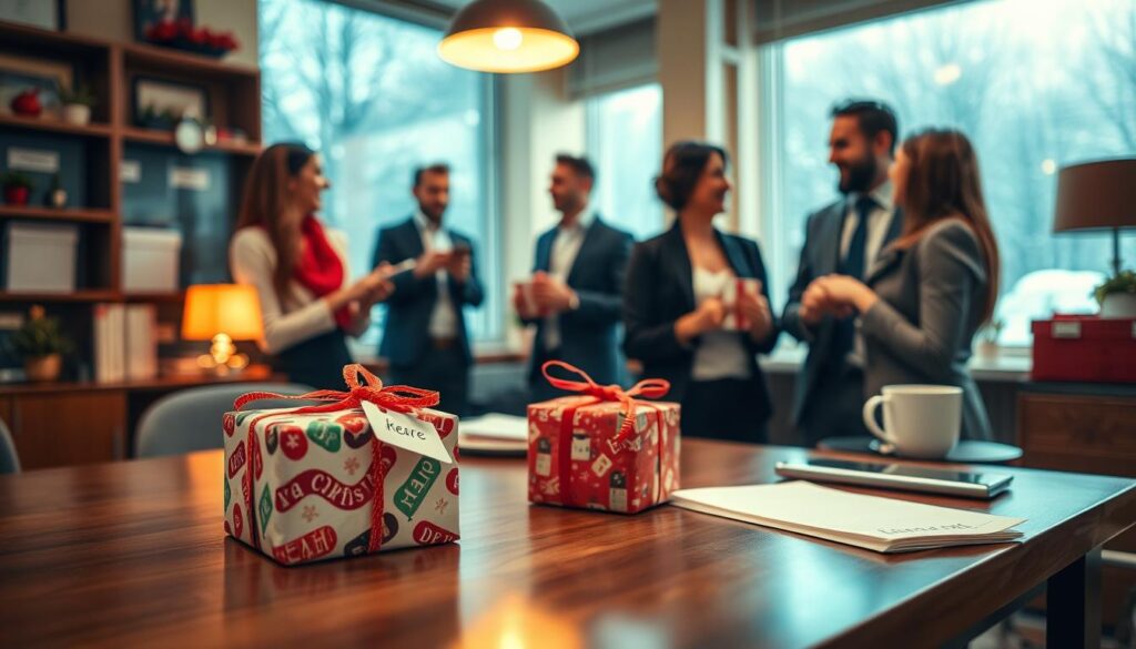 A cozy, inviting office space decorated for a festive secret gift exchange atmosphere. In the foreground, a beautifully wrapped, small gift with colorful paper and a handwritten tag sits on a polished wooden desk, with a festive coffee mug and a notepad beside it. In the middle ground, cheerful colleagues in professional attire are interacting, smiling, and exchanging gifts, showcasing the joy of giving. In the background, a window reveals a snowy scene outside, with soft ambient lighting illuminating the room, creating a warm and inviting atmosphere. The image should be shot with a Sony A7R IV at 70mm, clearly focused, sharply defined, and enhanced with a polarized filter to accentuate the vibrant colors and details. The mood is joyful and festive, capturing the essence of thoughtful gifting.