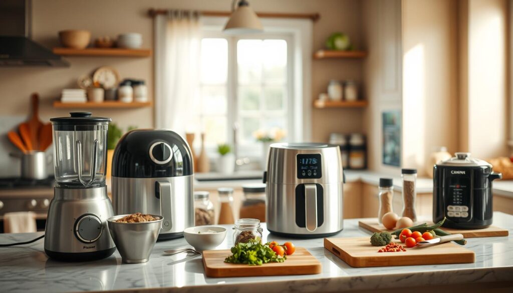A cozy kitchen scene showcasing the connection between cooking styles and kitchen gadgets. In the foreground, display an array of modern cooking devices like a sleek blender, an air fryer, and a sous-vide machine, all neatly arranged on a marble countertop. In the middle ground, a well-organized spice rack and a wooden cutting board with fresh ingredients, emphasizing personal cooking preferences. The background features a warm, inviting kitchen ambiance with soft, diffused sunlight streaming through a window, highlighting the clean lines of cabinetry. The atmosphere is lively and inspiring, reflecting the joy of cooking. Shot with a Sony A7R IV at 70mm, ensuring sharp focus and defined details, enhanced by a polarized filter for vibrant colors.