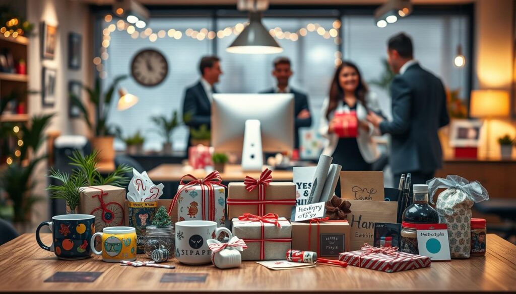 A cozy office setting decorated for a festive occasion, with a table featuring an assortment of unique and creative Secret Santa gifts for colleagues under 15€. In the foreground, gift-wrapped items such as colorful mugs, quirky desk toys, gourmet snacks, and personalized office supplies are neatly arranged. In the middle, a stylish, modern workplace environment shows a computer monitor, some greenery, and decorative lights creating a warm ambiance. In the background, soft-focus silhouettes of colleagues in business casual attire laughing and exchanging gifts, enhancing the joyful atmosphere. The scene is captured using a Sony A7R IV with a 70mm lens, illuminated by soft, warm lighting that adds a cheerful glow. A polished, inviting vibe permeates the image, reflecting the spirit of thoughtful gifting in the workplace.
