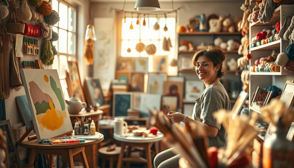 A cozy, sunlit studio filled with an array of art supplies, showcasing vibrant paints, brushes, yarn, and handcrafted items. In the foreground, a person in modest casual clothing is immersed in painting on a canvas, their face radiating concentration and joy. Nearby, a small table hosts a variety of colorful materials, emphasizing the theme of creativity. In the middle ground, shelves adorned with finished artworks and handmade crafts create an inviting atmosphere. The background suggests large windows allowing golden light to spill in, illuminating the creative chaos. The image captures a warm and inspiring mood, reflecting the essence of art and craft as fulfilling hobbies. Shot on a Sony A7R IV at 70mm, the focus is sharply defined, with a polarized filter enhancing colors and clarity.