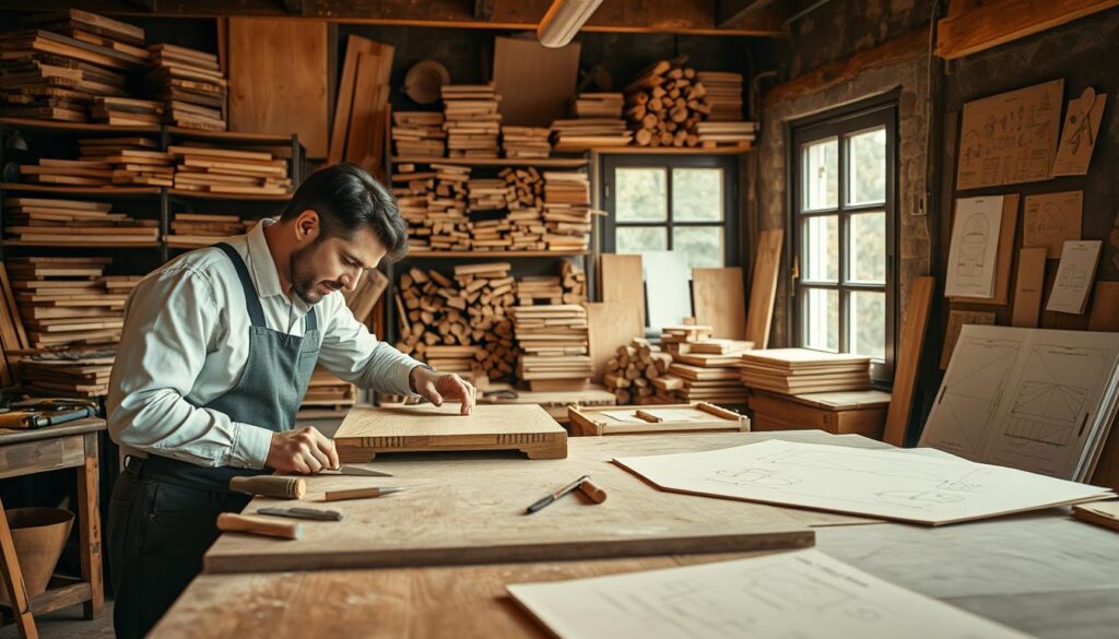 A cozy workshop interior showcasing maßmöbel design and preparation. In the foreground, a skilled carpenter in professional attire is carefully measuring a handcrafted wooden piece on a workbench, surrounded by tools like chisels and saws. The middle ground features a detailed display of various types of wood, templates, and sketches of custom furniture designs. The background is filled with shelves stacked with wood planks and an old-fashioned window allowing natural light to illuminate the space. The atmosphere is one of focused craftsmanship and creativity, with warm lighting enhancing the texture of the wood. Shot on a Sony A7R IV at 70mm, the image is clearly focused and sharply defined, with a polarized filter to enhance colors and reduce glare.