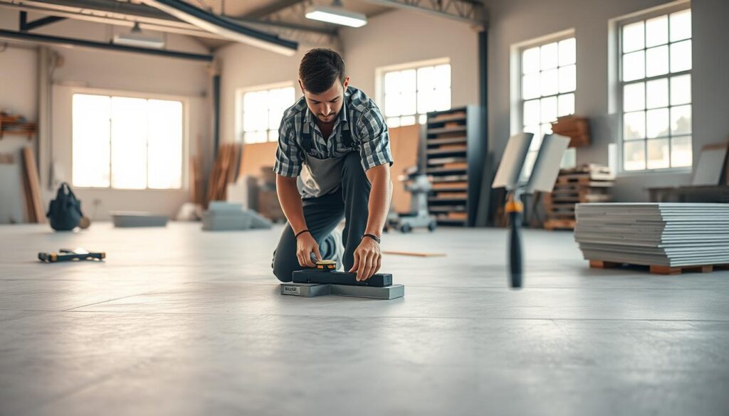 A craftsman in a modern workshop prepares a floor surface for large-format tiles. In the foreground, the artisan is dressed in professional work attire, carefully assessing the smoothness of the substrate with a leveling tool. The middle ground features tools and materials, such as a trowel, adhesive, and a stack of pristine tiles waiting to be laid. The background showcases a clean, well-lit workspace with well-organized equipment and a large window letting in natural light, creating a warm ambiance. The image is shot with a Sony A7R IV at 70mm, clearly focused, sharply defined, and enhanced with a polarized filter to reduce glare, capturing the meticulous detail of the preparation process while radiating professionalism and skill.