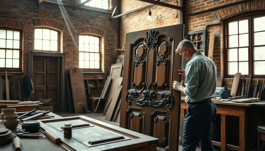 A craftsman in a workshop, meticulously refinishing an ornate wooden door from a historic building. The foreground shows the craftsman dressed in professional attire, focused on sanding the door’s intricate carvings. In the middle ground, tools of the trade are neatly arranged, including chisels, sanders, and wood finishes. The background features a partially restored historical building with exposed brick and vintage windows, bathed in warm, natural light filtering through the workshop windows, creating a nostalgic atmosphere. Shot on a Sony A7R IV at 70mm, with a clearly focused and sharply defined image, enhanced with a polarized filter to emphasize the textures of the wood and the warm ambiance of the scene.