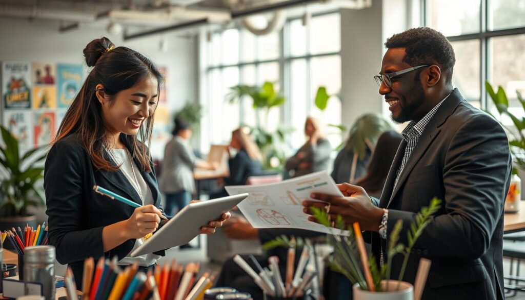 A creative workspace filled with vibrant colors and innovative designs, showcasing a diverse group of professionals collaborating enthusiastically. In the foreground, a woman of Asian descent in smart casual attire sketches ideas on a digital tablet. Beside her, a Black man wearing a tailored blazer passionately discusses concepts, surrounded by art supplies and inspirational posters. In the middle, a large window filters in soft, natural light, highlighting the creativity flowing in the room. The background features a modern, open office layout with green plants and collaborative seating, creating an inviting and energizing atmosphere. Shot on a Sony A7R IV, 70mm, with a polarized filter, capturing well-defined details and emphasizing the joyful essence of creativity in the workplace.