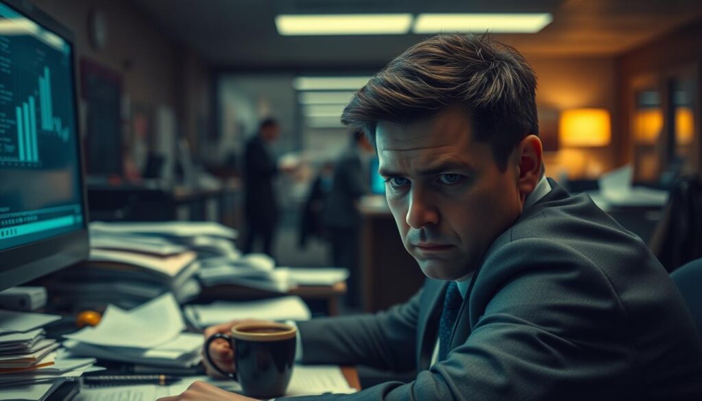 A despondent office worker sitting at a cluttered desk, surrounded by paperwork and a flickering computer screen. The foreground shows a close-up of their somber face, reflecting personal dissatisfaction, wearing professional business attire. The middle layer includes the messy desk filled with overflowing files and a half-finished cup of coffee, indicating a chaotic work life. In the background, an office with dim lighting and blurred figures of colleagues, highlighting isolation amidst a bustling environment. The mood is heavy with a sense of frustration and contemplation. The scene is shot on a Sony A7R IV with a 70mm lens, sharply focused with a polarized filter to enhance the contrast and depth.