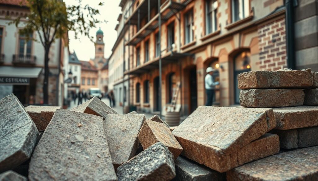 A detailed and atmospheric image showcasing "denkmalgerechte Materialien" for facade renovation. In the foreground, feature a variety of traditional building materials such as limestone, sandstone, and brick, arranged artistically with textures visible. The middle ground should depict a building facade undergoing restoration, highlighting the blend of historical elements with modern techniques, such as scaffolding and artisans at work, dressed in professional attire. In the background, include a glimpse of Hameln's scenic streets, with historic architecture under soft natural lighting. The mood is warm and inviting, evoking a sense of heritage and innovation. The image should be shot on a Sony A7R IV at 70mm, clearly focused and sharply defined, utilizing a polarized filter to enhance the colors and textures.