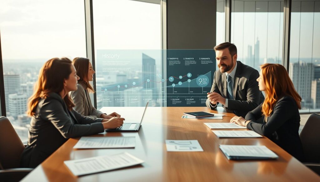 A detailed and engaging visual representation of a company's history and development, featuring a professional business meeting in a modern office. In the foreground, a diverse group of three business professionals engaged in discussion, all dressed in formal business attire – two women and one man, with papers and digital devices spread on the table. The middle ground showcases a large, transparent screen displaying a timeline of the company's milestones, with graphics illustrating growth and innovation. The background reveals a panoramic cityscape through large glass windows, under soft, warm lighting that creates a welcoming atmosphere. The shot is captured with a Sony A7R IV at 70mm, clearly focused and sharply defined, utilizing a polarized filter to enhance clarity and vibrancy in the scene.