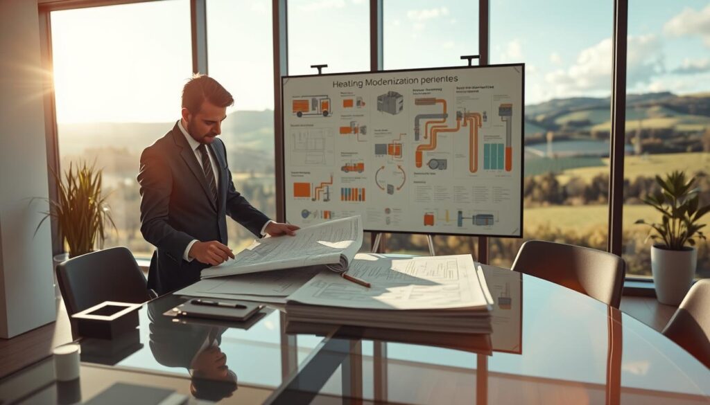 A detailed and modern heating modernization process scene set in a stylish office environment. In the foreground, an engineering professional in smart business attire analyzes detailed blueprints and plans on a sleek glass desk. In the middle, a visually appealing display board illustrates diagrams of modern heating systems and advanced technology, showcasing sustainability features. The background features a large window with natural light flooding the room, revealing a picturesque view of the Weserbergland landscape, including rolling hills and greenery. The ambiance is professional and efficient, enhanced by soft, warm lighting that highlights the focus on modernization. Shot on a Sony A7R IV at 70mm, the image is sharply defined and clearly focused, with a polarized filter enhancing contrast and clarity.