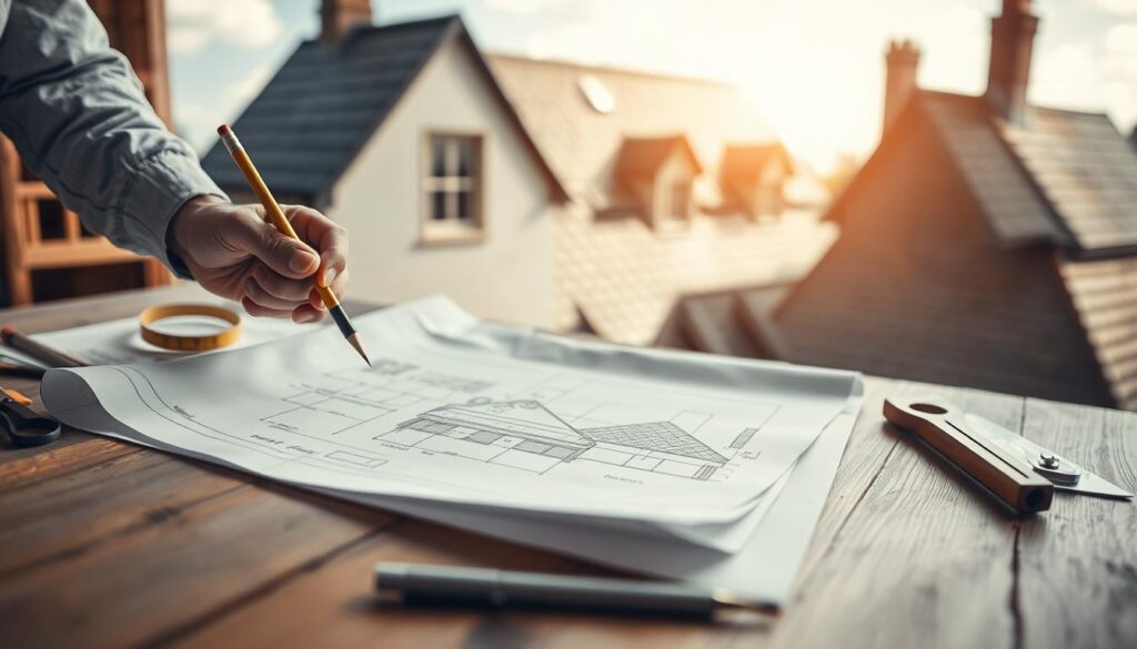 A detailed and professional illustration of a roof planning project, featuring a flat architectural blueprint on a wooden table in the foreground, with a pair of hands holding a pencil, sketching a historic slate roof design. The middle ground shows tools like a tape measure, a protractor, and samples of roofing materials spread around, emphasizing the planning process. In the background, a softly blurred image of a traditional house with a completed slate roof under a bright, natural light, creating an inviting and productive atmosphere. Shot with a Sony A7R IV at 70mm, ensuring crisp detail and vibrant colors, enhanced by a polarized filter to reduce glare and improve texture visibility.
