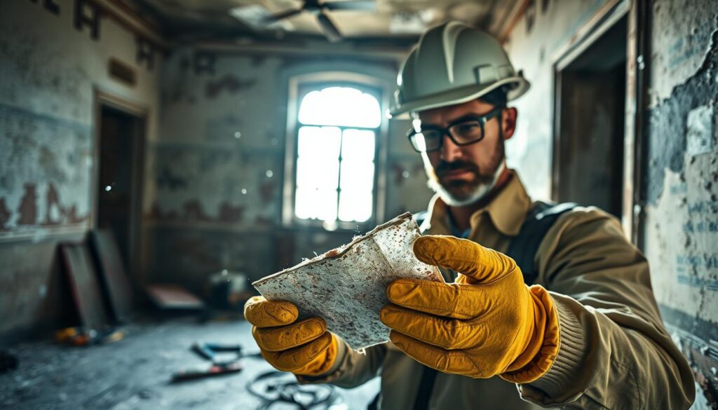 A detailed close-up image showing the identification of asbestos materials in an old building setting. In the foreground, a professional inspector wearing a hard hat and protective gloves carefully examines a piece of ceiling tile, revealing fibrous asbestos material. In the middle ground, scattered tools and protective gear hint at the ongoing inspection process. The background features an aged, dimly lit room with peeling wallpaper and dusty corners, emphasizing the atmosphere of an old construction site. Bright, natural light streams through a cracked window, highlighting dust motes in the air. The image is shot with a Sony A7R IV using a 70mm lens, ensuring a sharply defined focus on the inspector and the asbestos sample, with a polarized filter enhancing clarity. The overall mood conveys professionalism, caution, and the importance of safety in the detection of hazardous materials.