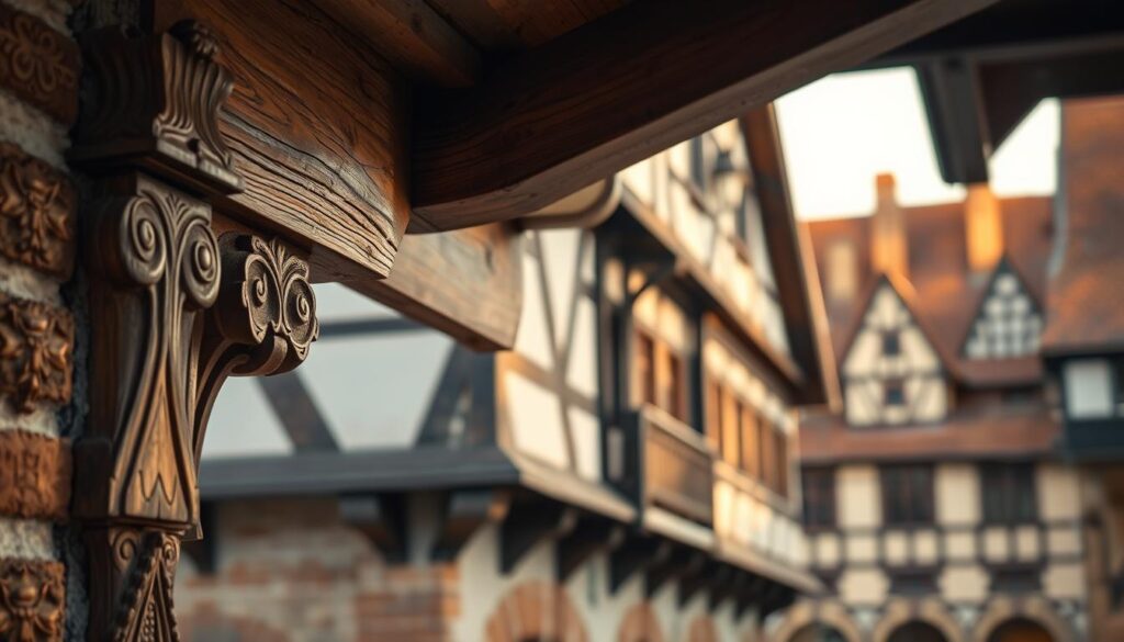 A detailed close-up of historical materials from the Weserrenaissance, featuring ornate wood carvings, intricate brickwork, and rich textures of traditional plaster. In the foreground, showcase beautifully aged wooden beams with decorative motifs, flawlessly lit to highlight their craftsmanship. The middle ground should display a section of a restored façade, illustrating the harmonious blend of colors and materials characteristic of the Weserrenaissance style. In the background, subtly hint at a picturesque historic town with Renaissance architecture under a warm golden hour light. Use a shallow depth of field to create a dreamy atmosphere, emphasizing the meticulous details. Shot on a Sony A7R IV, 70mm lens, clearly focused, sharply defined, with a polarized filter to enhance texture and color vibrancy.