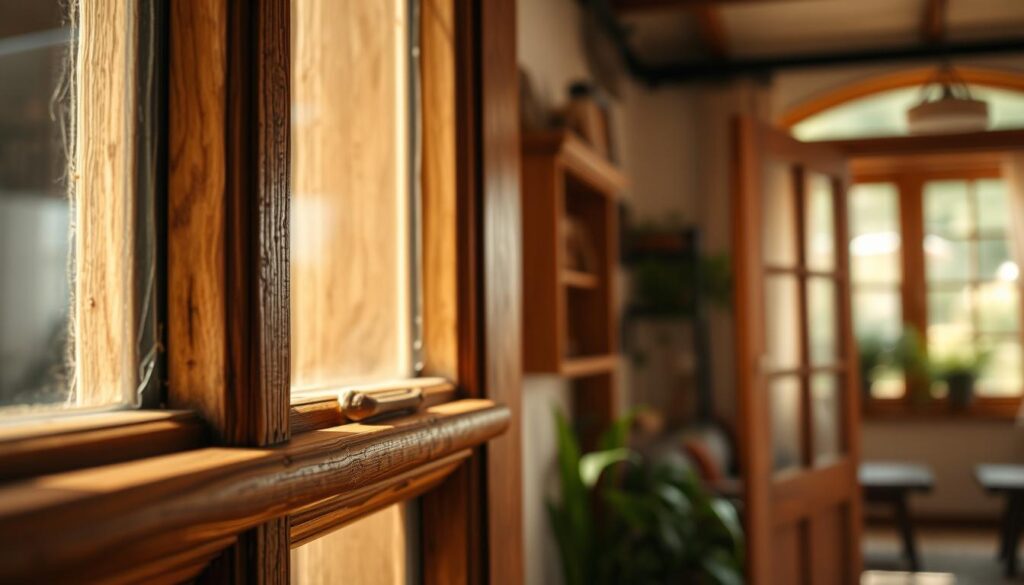 A detailed close-up of wooden window frames, showcasing the textures and grains of the wood, illuminated by soft, natural light. In the foreground, focus on a well-maintained wooden window with visible signs of aging, such as slight weathering and polished surfaces. The middle ground features a backdrop of a cozy, sunlit room with plants and warm decor, emphasizing the inviting atmosphere of wooden windows. In the background, a faint view of a garden through the window, hinting at the outdoor environment. Shot with a Sony A7R IV at 70mm, ensuring clear focus and sharp definition, enhanced by a polarized filter to deepen the colors and eliminate glare. The mood should be warm and serene, reflecting the longevity and charm of wooden windows.