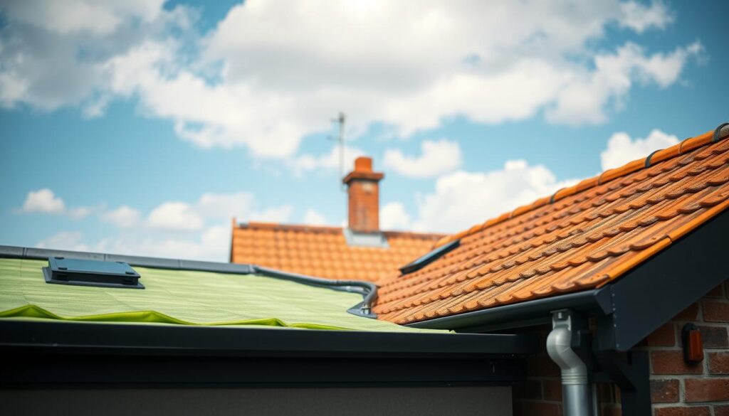 A detailed comparison image of a flat roof and a pitched roof, showcasing the distinct features and costs associated with each. In the foreground, highlight a modern flat roof with vibrant green insulation materials and sleek drainage systems. In the middle ground, depict a traditional pitched roof with red tiles and visible rafters, emphasizing the craftsmanship. The background should feature a clear blue sky with soft clouds, creating an inviting atmosphere. Use natural lighting to enhance the textures of both roof types, with sharp focus and high definition to capture details. This composition is shot with a Sony A7R IV at 70mm, utilizing a polarized filter for clarity. The mood should be informative yet engaging, ideal for illustrating the cost factors involved in roofing choices.