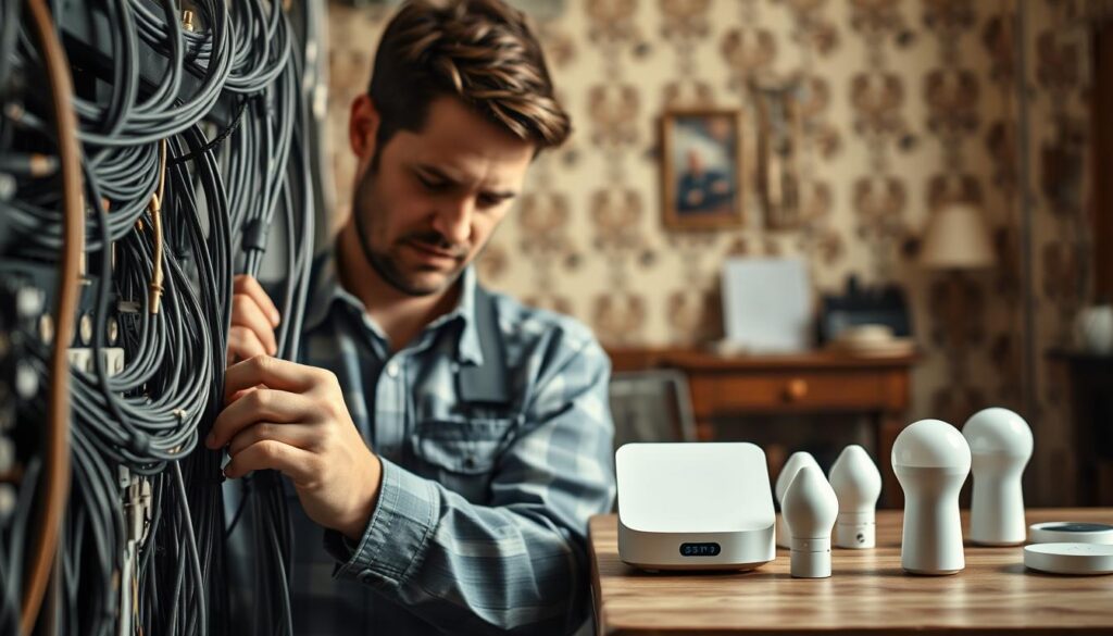 A detailed comparison of wired systems and wireless solutions for smart homes in a vintage building setting. In the foreground, depict an electrician in professional attire, examining a cable management system with various wires and connectors arranged neatly. In the middle ground, showcase a contrasting wireless device setup, with sleek smart home gadgets like a hub and smart bulbs, hinting at modern technology. The background features elements of an old building, such as vintage wallpaper and traditional light switches, contrasted by the modern tech. Use soft, natural lighting to create a warm atmosphere, and capture the scene with a Sony A7R IV at 70mm, ensuring crisp details and a softly blurred background to enhance focus on the technical aspects.