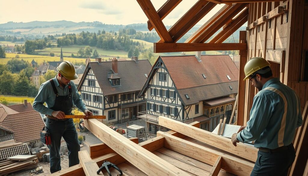 A detailed construction scene in Rinteln, Germany, focusing on cost factors of timber framing renovation and roof replacement. In the foreground, skilled carpenters in professional attire are measuring and cutting wooden beams, showcasing traditional craftsmanship. The middle ground features half-timbered houses undergoing restoration, with scaffolding and tools scattered around, emphasizing the renovation process. In the background, the charming Rinteln landscape, including rolling hills and trees, under a soft, warm afternoon light, creating a welcoming atmosphere. The image is shot with a Sony A7R IV at 70mm, clearly focused and sharply defined, with a polarized filter enhancing colors and reducing glare, highlighting the craftsmanship and the beauty of the historic setting.