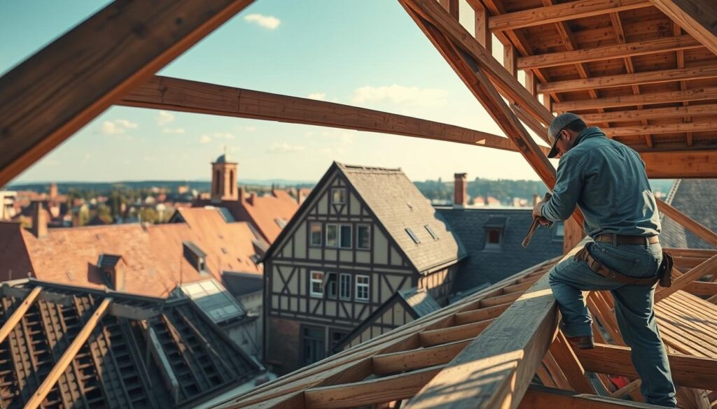 A detailed construction scene showcasing roof renovations in Rinteln, focusing on traditional timber framing. In the foreground, skilled carpenters in modest casual clothing are working meticulously on wooden beams, using tools like saws and hammers. The middle ground features a partially restored fachwerk building, with scaffolding surrounding it. The background displays a picturesque Rinteln skyline, including its characteristic architecture. The scene is illuminated by warm, natural sunlight, casting soft shadows and highlighting the textures of the wood and brick. Captured with a Sony A7R IV at 70mm, ensuring sharp details and vibrant colors, the composition evokes a sense of dedication and craftsmanship in historic restoration.