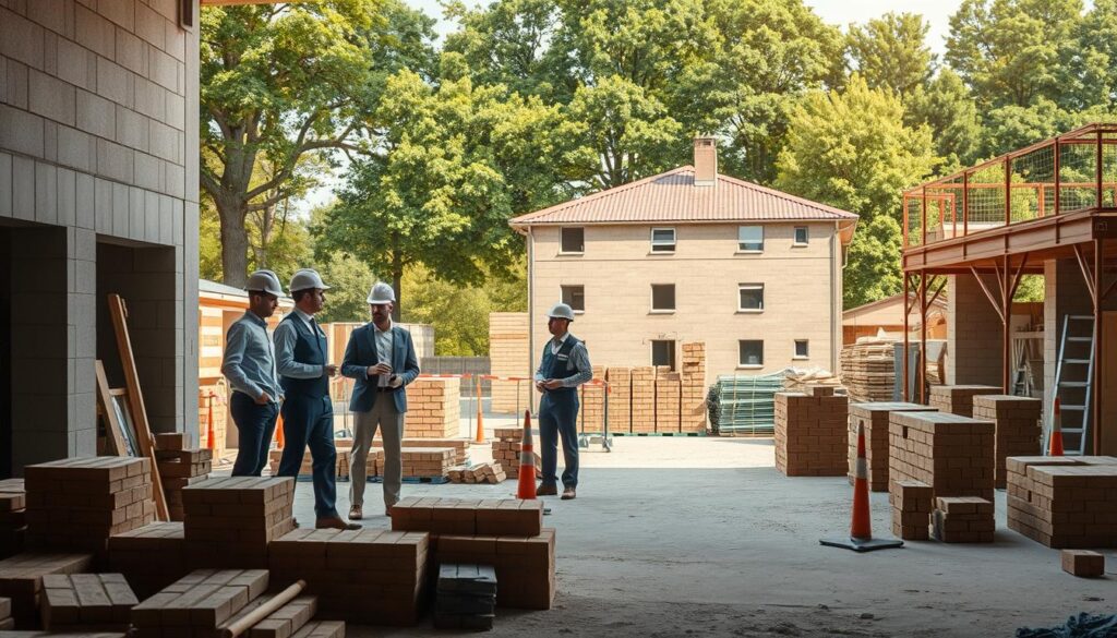 A detailed construction site showcasing "Kosten Garagenbau," featuring a well-structured garage under construction in the foreground. Skilled masons in professional business attire are discussing costs and materials, surrounded by construction tools and blueprints. In the middle ground, stacks of bricks and construction materials are organized neatly, with safety barriers around the area. The background displays a partially completed building and lush greenery, reflecting a serene environment. Natural sunlight filters through the trees, casting soft shadows on the site, enhancing the sense of professionalism and efficiency. The scene is captured with a Sony A7R IV at 70mm, ensuring a clear focus and sharp details, with a polarized filter to enhance colors and contrast, evoking a productive and constructive atmosphere.