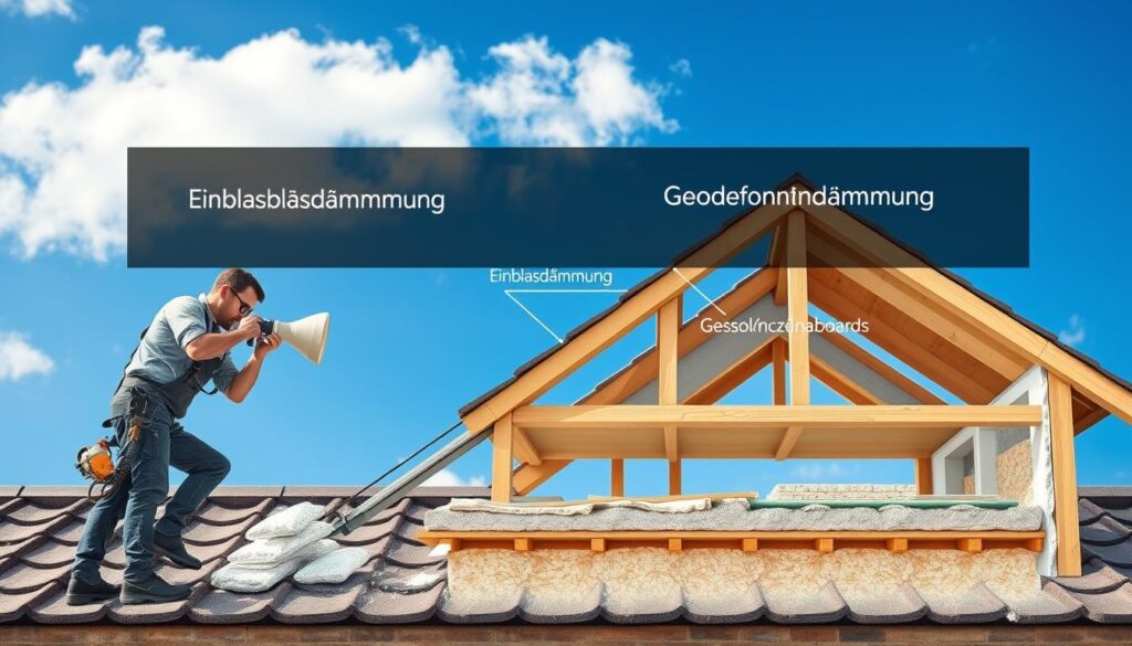 A detailed cross-section illustration showcasing "Einblasdämmung" and "Geschossdeckendämmung" techniques in a modern roof structure. In the foreground, depict a professional roofer in modest casual clothing, carefully installing insulation materials, displaying tools like a blower for Einblasdämmung and insulation boards for Geschossdeckendämmung. In the middle ground, illustrate a partially constructed roof with visible insulation layers and structural components, highlighting the differences between the two insulation methods. The background features a bright blue sky with soft clouds, evoking a professional and clean atmosphere. The image should be sharply focused, showcasing intricate insulation details, shot on a Sony A7R IV with a 70mm lens and a polarized filter, emphasizing clarity and professionalism.