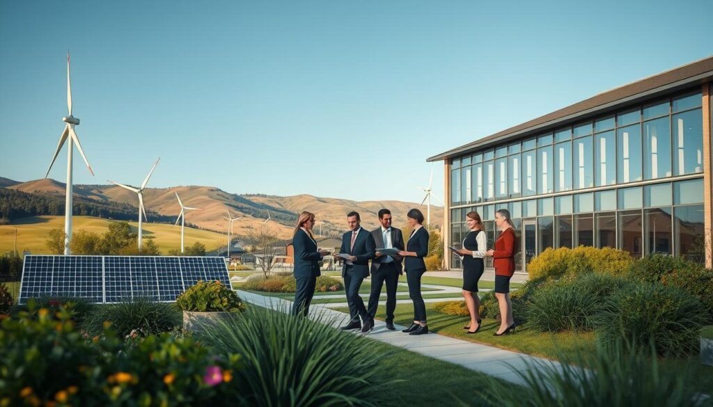 A detailed depiction of the Weserbergland region's local heat planning, showcasing a modern municipal building surrounded by green landscapes, illustrating energy efficiency. In the foreground, a well-maintained garden with solar panels and wind turbines to represent sustainable energy sources. In the middle ground, a diverse group of professionals in business attire discussing plans and reviewing documents, symbolizing collaboration in community energy initiatives. The background features rolling hills and a clear blue sky, suggesting a bright future for the area. The scene is captured using a Sony A7R IV at 70mm, with sharp focus on the professionals, enhanced by a polarized filter to enrich colors and contrast, evoking an optimistic and forward-thinking atmosphere.